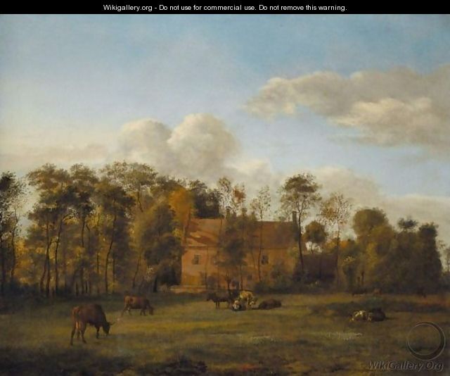 A Landscape With Cattle Grazing In An Open Field Before A Manor House, A Milkmaid At Work - Jan Van Der Heyden
