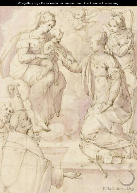 The Mystic Marriage Of St. Catherine, With Two Saints In The Foreground - (after) Giorgio Vasari
