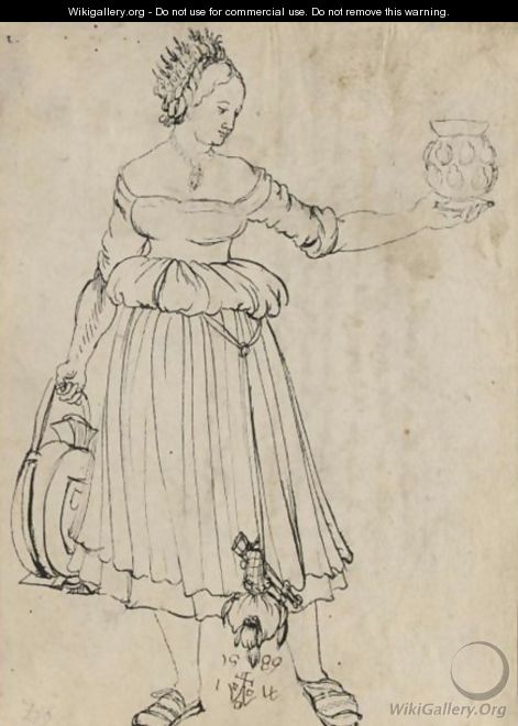 Standing Female Figure, Wearing A Crown Of Flowers, And Holding A Flask And A Roemer - Swiss School