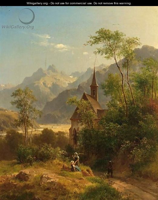 Peasants In An Alpine Landscape Near A Church - Ludwig Halauska