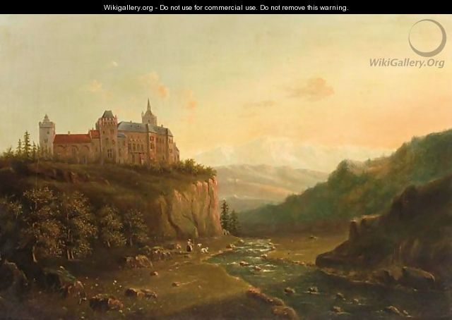 Mountainous Landscape With A Castle On A Hill Top And A Goatherd Near A River - Jacobus Hendricus Johannes Nooteboom