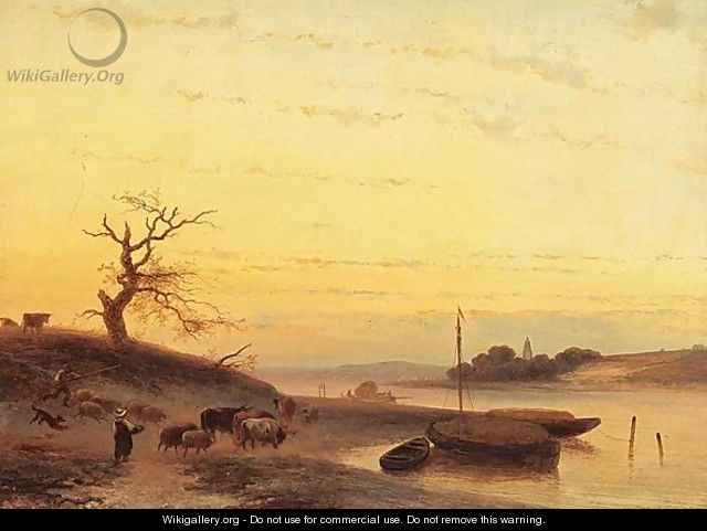 A Peasant With His Cattle Near The Riverside - Johannes Franciscus Hoppenbrouwers