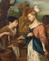 A Woman Selling Herring To An Elegant Lady And Her Servant, A Fountain Beyond - (after) Jacob Toorenvliet