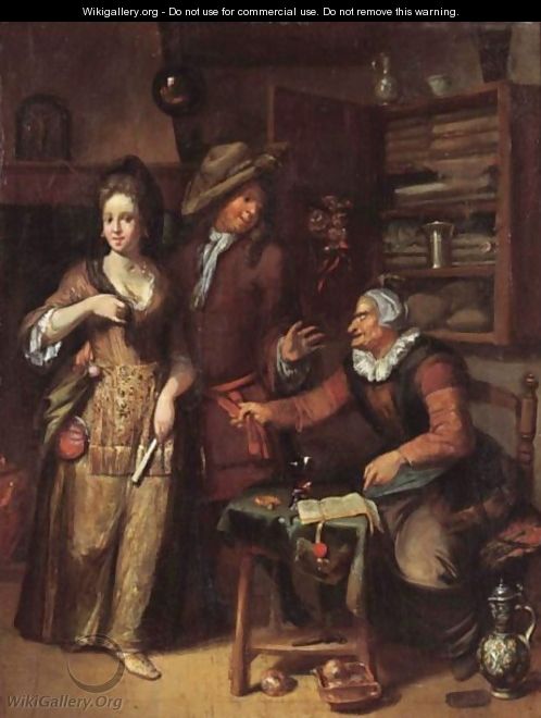 An Elegant Couple In An Interior With A Spinster At A Table Pointing At A Contract - (after) Hendrik De Valk