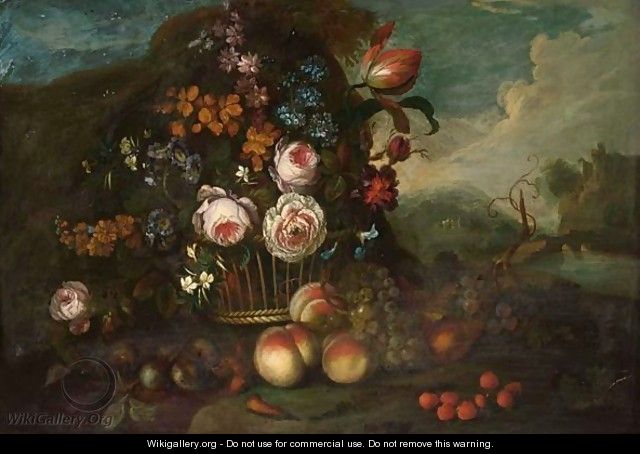 A Still Life With Roses, A Tulip And Other Flowers In A Basket, Peaches, Grapes And Strawberries In Front, In A Landscape - (after) Pieter Hardime