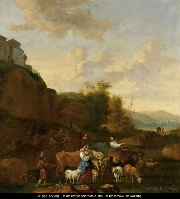 Shepherdesses And Their Flock In An Italianate Landscape - (after) Nicolaes Berchem