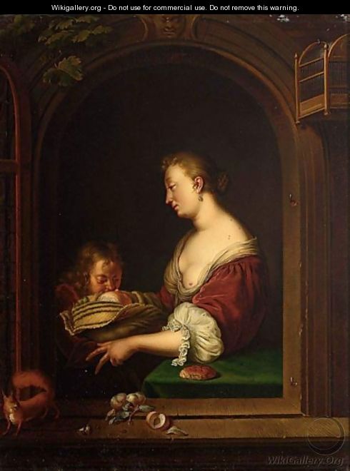 A Mother And Two Children In A Window Together With A Squirrel - Willem van Mieris