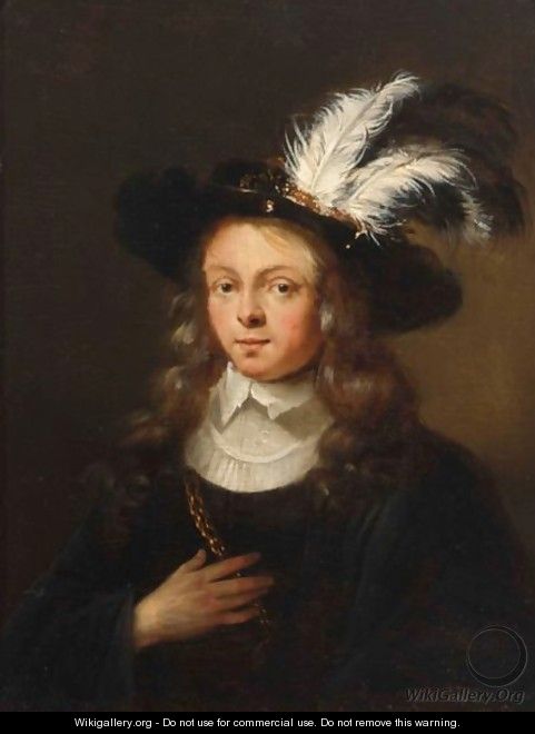 A Portrait Of A Young Man, Bust Length, Wearing A Black Coat With White Collar And A Feathered Hat - (after) Arie De Vois