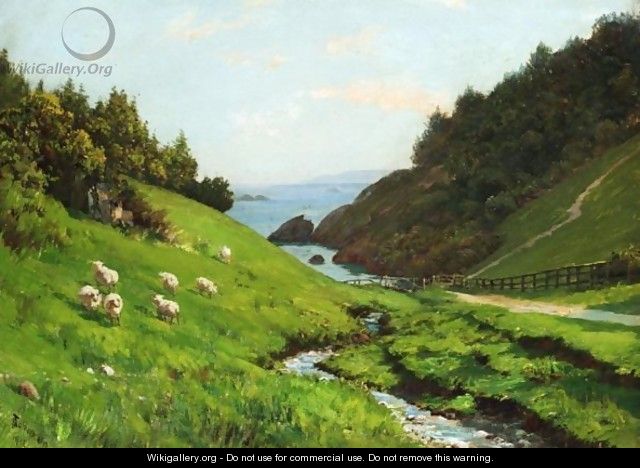 Sheep Grazing By A Stream In Summer - Thomas Jacques Somerscales
