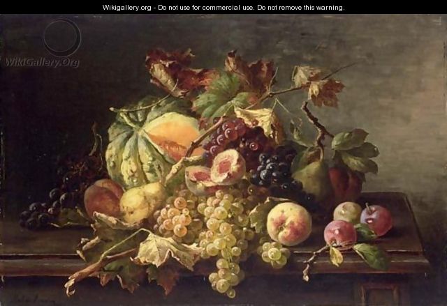A Still Life With Grapes, Peaches, Prunes And A Pumpkin All On A Wooden Ledge - Franz Hohenberger