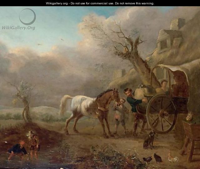 A Landscape With Travellers Unloading Their Wagon Near A Barn - (after) Philips Wouwerman