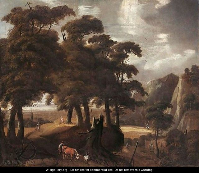 A Wooded Landscape With A Peasant And His Herd Together With Other Travellers On A Path, A Village In The Background - (after) Jaques D