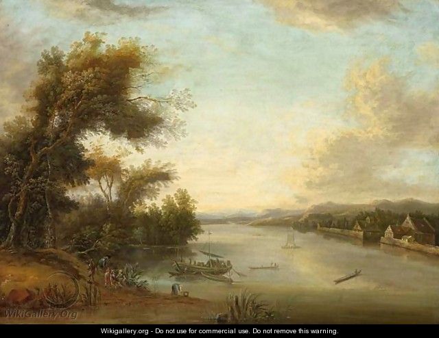 A River Landscape With Figures Resting Under A Tree, A Woman Doing Her Laundry And Boats Provisioning A Village Across The River - German School