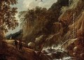 A Wooded River Landscape With Figures Conversing On A Path Near A Waterfall - Francois Van Knibbergen