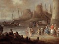 A Mediterranean Coastal Landscape With Elegant Figures On A Beach With Fishermen Unloading Their Catch, A Fortified Town Beyond - Hieronymus Janssens