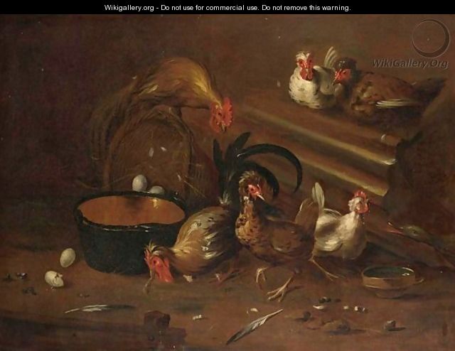 A Cockerel And Chickens In A Shed With An Earthenware Bowl And Baskets With Eggs - (after) Baldassare De Caro