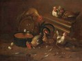 A Cockerel And Chickens In A Shed With An Earthenware Bowl And Baskets With Eggs - (after) Baldassare De Caro