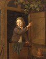 A Finch On A Fowling-Line Held By A Boy Standing In A Doorway - Arnold Houbraken