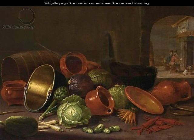 A Still Life With Earthenware Pots, A Barrel, Cabbages, Carrots, And Gherkins In The Foreground - Floris Gerritsz. van Schooten