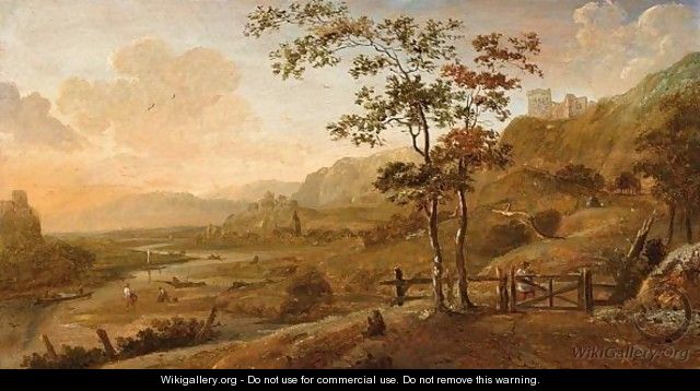 A River Landscape With A Figure Near A Fence And Fishermen Unloading The Catch, A Ruin In The Background - Dionys Verburgh