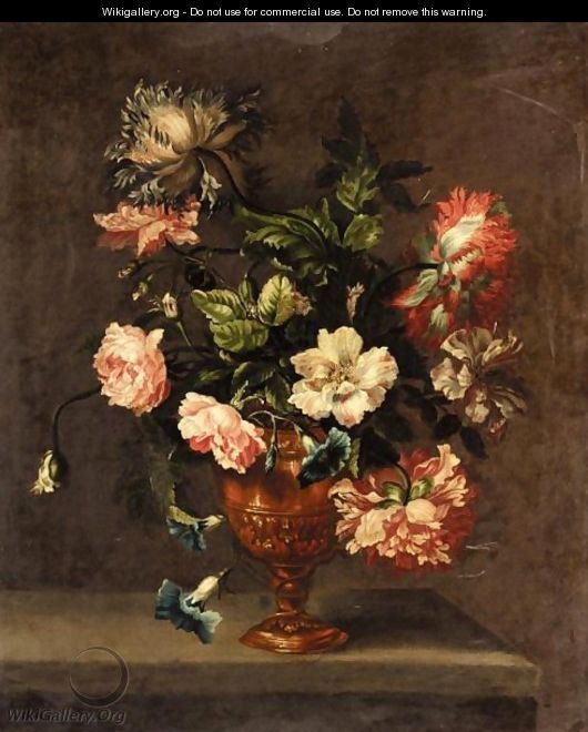 Still Life Of Roses, Paeonies, And Other Flowers In A Vase On A Ledge - (after) Emily Stannard
