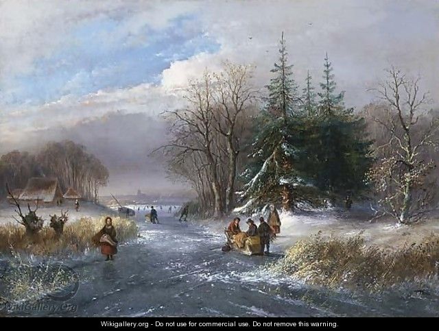 Winter Landscape With Skaters On The Ice, A Town In The Background - Dutch School