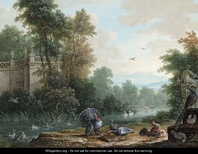 Mountainous Landscape With Turkeys, A Hen And Chickens, A Peacock And Ducks In A Pool - Nuremberg School