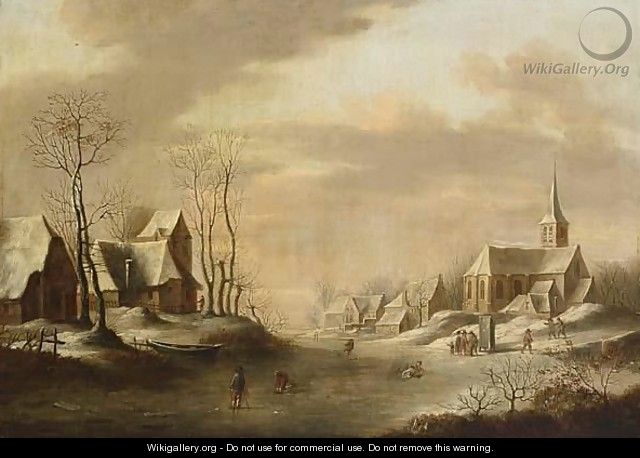 A Winter Landscape With Skaters On The Ice, A Church Beyond - Dutch School