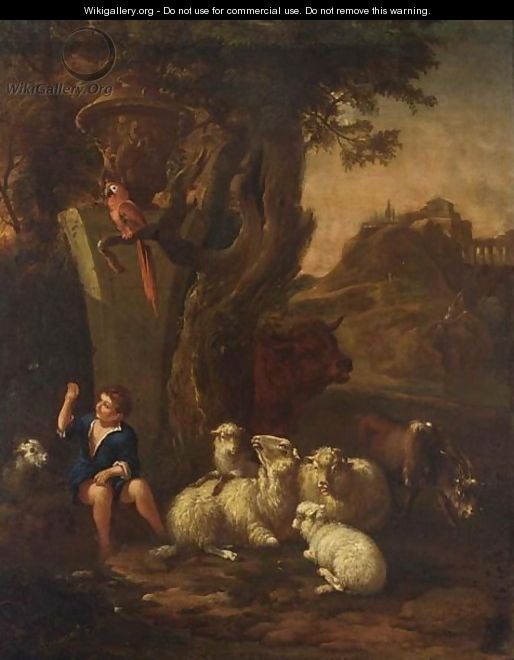 A Young Shepherd With His Herd And A Macaw Resting Near A Tree In An Arcadian Landscape - (after) Jan Baptist Weenix