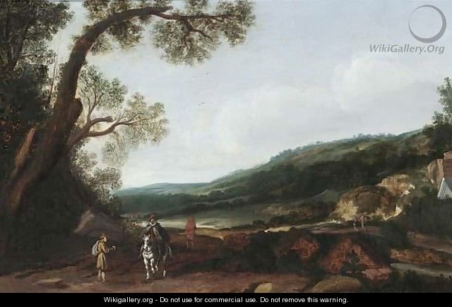 An Extensive Hilly Landscape With Travellers And A Horseman On A Path - (after) Esaias Van De Velde