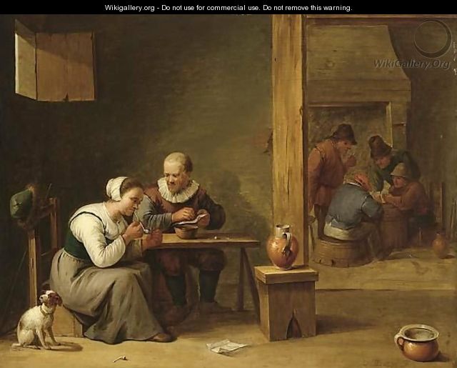 A Couple Smoking In An Inn, Other Peasants Playing Cards In The Background Near A Fireplace - (after) David The Younger Teniers