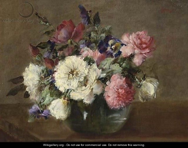 A Flower Still Life With Peonies In A Glass Vase - Sara Henze