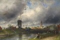 Washer Women On The Waterfront, A Town In The Distance - Charles Henri Leickert