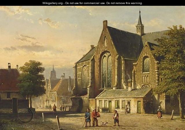 Figures On A Square In Front Of A Church - Willem Koekkoek