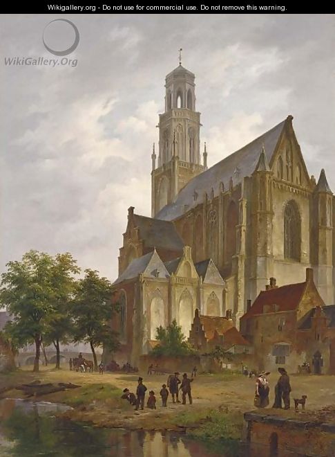Figures Near A Church In A Dutch Town - Bartholomeus Johannes Van Hove