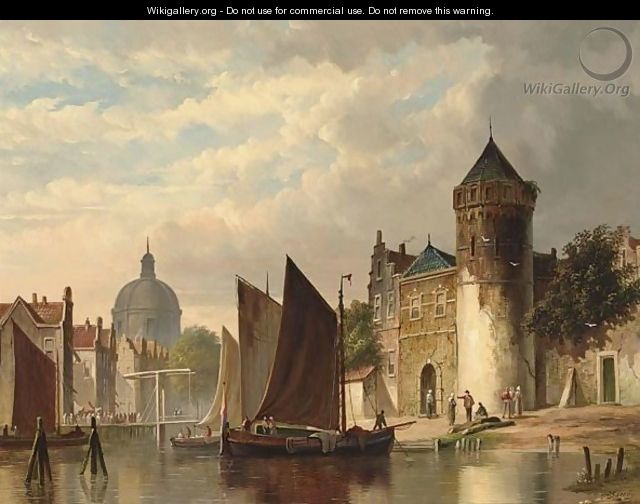 Moored Barges In A City Canal - Pieter Gerard Vertin