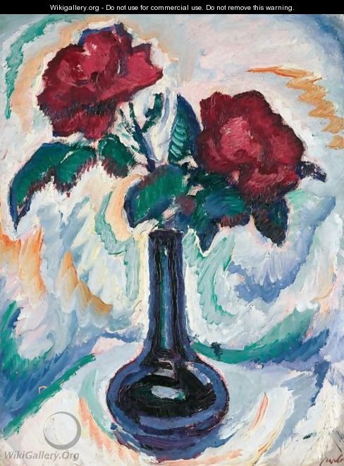 Red Roses In A Blue Vase - Samuel John Peploe