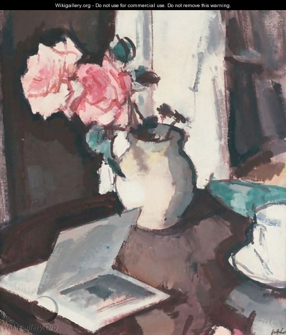 Pink Roses And An Open Book - Samuel John Peploe