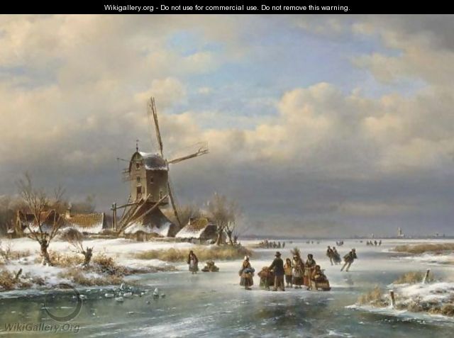 A Winter Landscape With Figures Near A Windmill - Lodewijk Johannes Kleijn