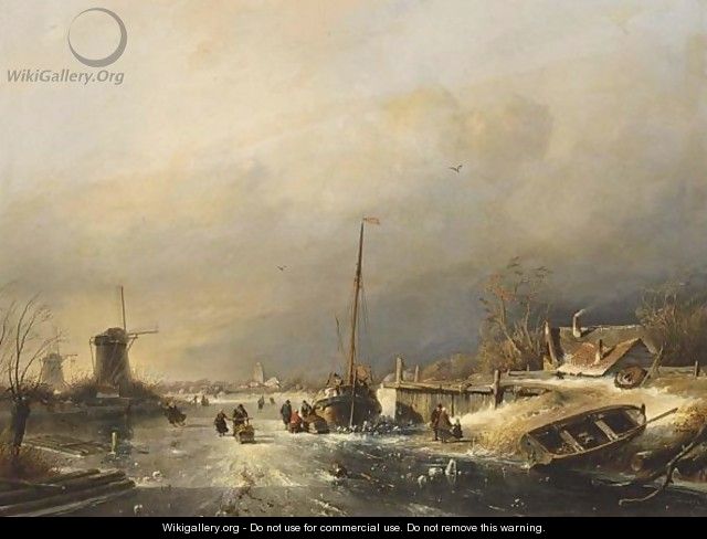 A Winter Landscape With Figures On The Ice Near A Barge, A Town Beyond - Charles Henri Leickert