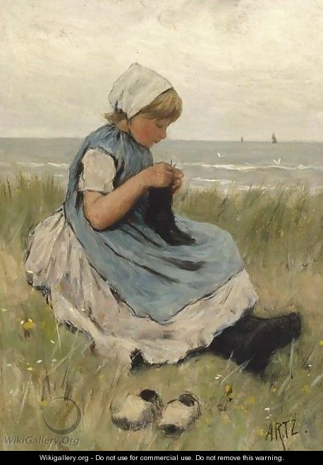 A Girl Knitting In The Dunes - David Adolf Constant Artz