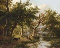 Figures And Cattle In A Sunlit Wooded Landscape - Johann Bernard Klombeck