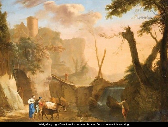 Italianate Landscape With Figures Cattle And Sheep Crossing A Dam - (after) Herman Van Swanevelt