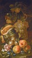 Still Life With Grapes, Apples, Flowers And A Melon In A Landscape - Roman School