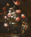 Still Life With Roses, Tulips And Various Other Flowers In A Bronze Vase - (after) Margherita Caffi