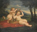 The Infant Cupid Placing A Garland Of Flowers On The Head Of The Infant Venus - (after) Francesco Albani