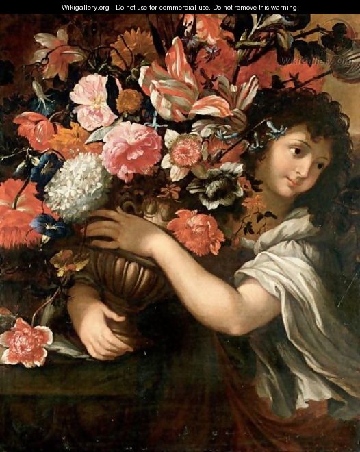 Still Life With A Young Boy Holding A Bouquet Of Flowers In A Bronze Urn - Roman School