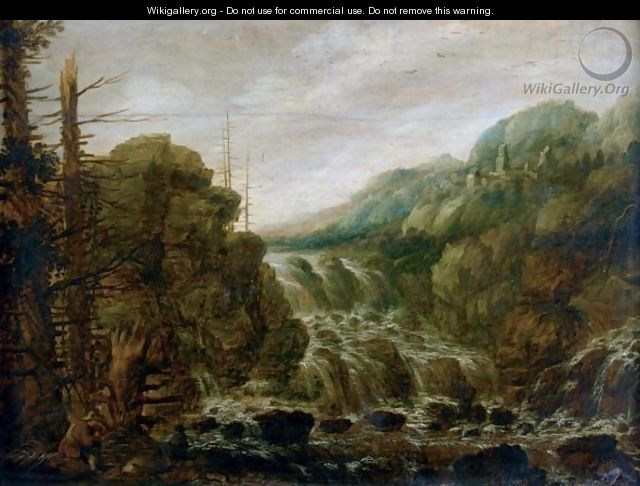 A Mountainous Wooded Landscape With A Man Resting Beside A Cascade, A Hill Top Town In The Distance - (after) Joachim Govertsz. Camphuysen