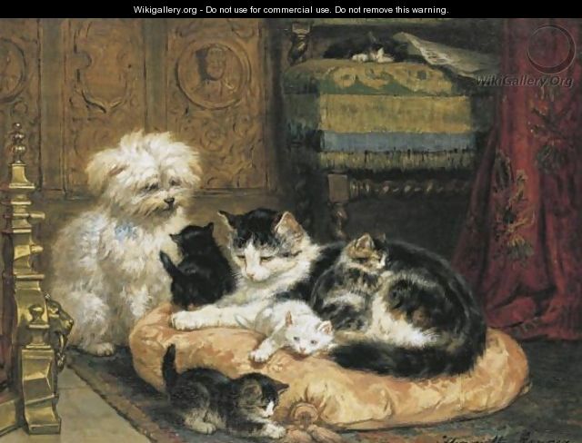 A Cat With Her Four Kittens With A Friendly Dog - Henriette Ronner-Knip