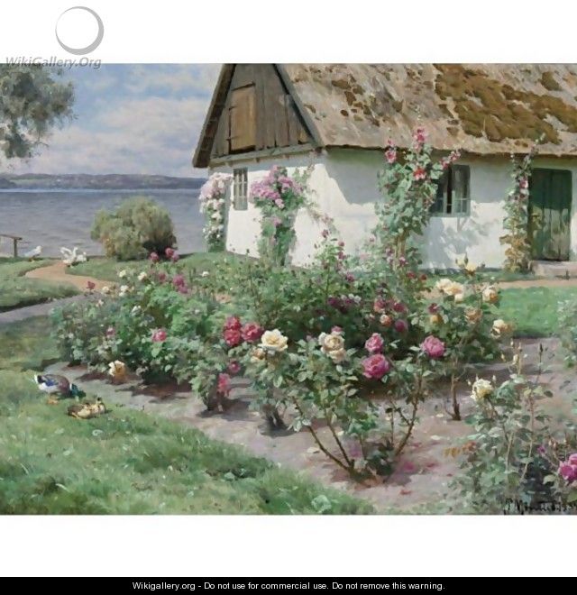 Rose Bushes And A Cottage By The Water, Sorup - Peder Monsted